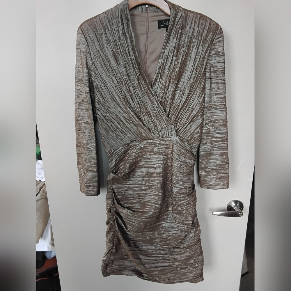 Nicole Miller Metallic Taupe Wrap-Style Long Sleeve Dress